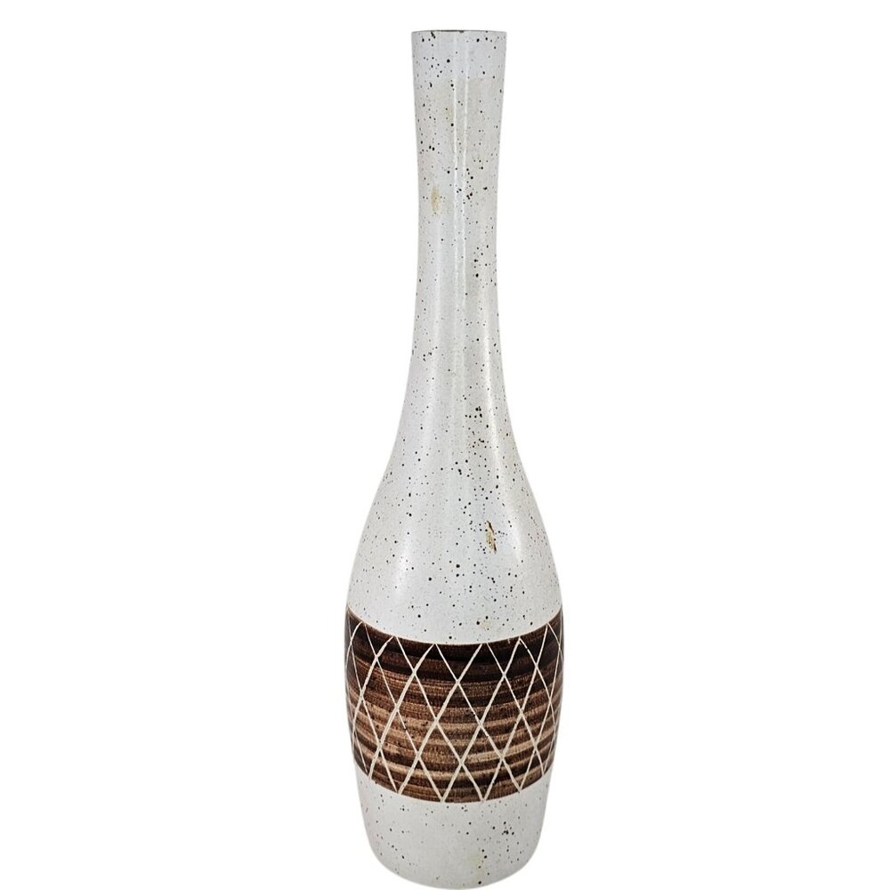 Tall Raymor Ceramic Vase With Brown Diamond Pattern & Speckled White Glaze